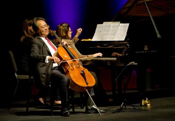 Yo-Yo Ma (Cello) and Kathryn Stott (Piano) perform the 'Arc of Life' Suite at Segerstrom Hall in Costa Mes on Saturday night. . ADDITIONAL INFORMATION ///// yoyoreview.0515 5/14/16 Photo by Nick Koon / Staff Photographer. Yo-Yo Ma and Kathryn Stott perform at the Philharmonic Society's Gala on Saturday, May 14th.